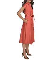 Donna Karan Cotton Sateen Collared Neck Short Sleeve Tie Sash Belt Midi Shirt Dress