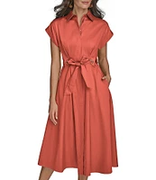 Donna Karan Cotton Sateen Collared Neck Short Sleeve Tie Sash Belt Midi Shirt Dress