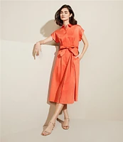 Donna Karan Cotton Sateen Collared Neck Short Sleeve Tie Sash Belt Midi Shirt Dress
