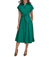Donna Karan Cotton Sateen Collared Neck Short Sleeve Tie Sash Belt Midi Shirt Dress