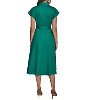 Donna Karan Cotton Sateen Collared Neck Short Sleeve Tie Sash Belt Midi Shirt Dress