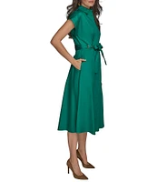 Donna Karan Cotton Sateen Collared Neck Short Sleeve Tie Sash Belt Midi Shirt Dress