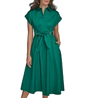 Donna Karan Cotton Sateen Collared Neck Short Sleeve Tie Sash Belt Midi Shirt Dress
