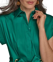 Donna Karan Cotton Sateen Collared Neck Short Sleeve Tie Sash Belt Midi Shirt Dress