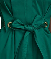 Donna Karan Cotton Sateen Collared Neck Short Sleeve Tie Sash Belt Midi Shirt Dress
