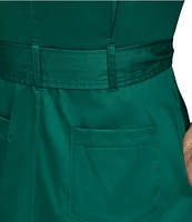 Donna Karan Cotton Sateen Collared Neck Short Sleeve Tie Sash Belt Midi Shirt Dress