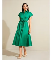 Donna Karan Cotton Sateen Collared Neck Short Sleeve Tie Sash Belt Midi Shirt Dress