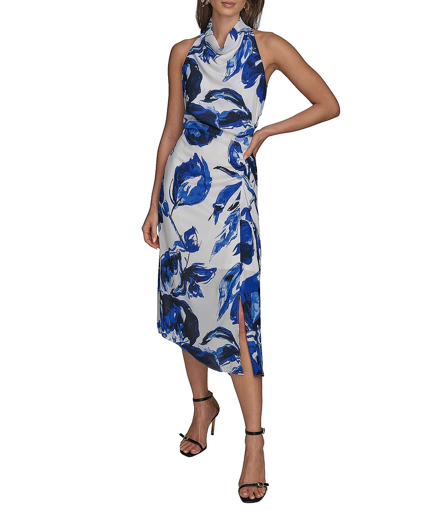 Donna Karan Cowl Neck Floral Print Asymmetric Hem Midi Dress