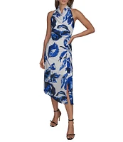 Donna Karan Cowl Neck Floral Print Asymmetric Hem Midi Dress