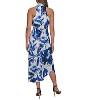 Donna Karan Cowl Neck Floral Print Asymmetric Hem Midi Dress