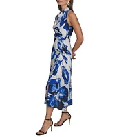 Donna Karan Cowl Neck Floral Print Asymmetric Hem Midi Dress