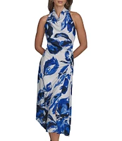 Donna Karan Cowl Neck Floral Print Asymmetric Hem Midi Dress
