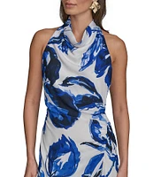 Donna Karan Cowl Neck Floral Print Asymmetric Hem Midi Dress