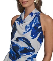 Donna Karan Cowl Neck Floral Print Asymmetric Hem Midi Dress