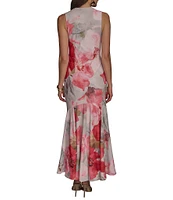 Donna Karan Cowl Neck Floral Print Satin Sheath Dress
