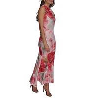 Donna Karan Cowl Neck Floral Print Satin Sheath Dress