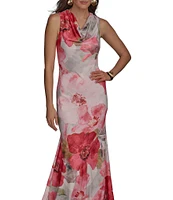 Donna Karan Cowl Neck Floral Print Satin Sheath Dress