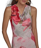 Donna Karan Cowl Neck Floral Print Satin Sheath Dress