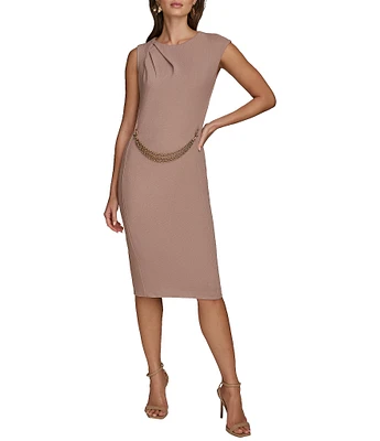 Donna Karan Crepe Jersey Crew Neck Sleeveless Chain Belted Midi Dress