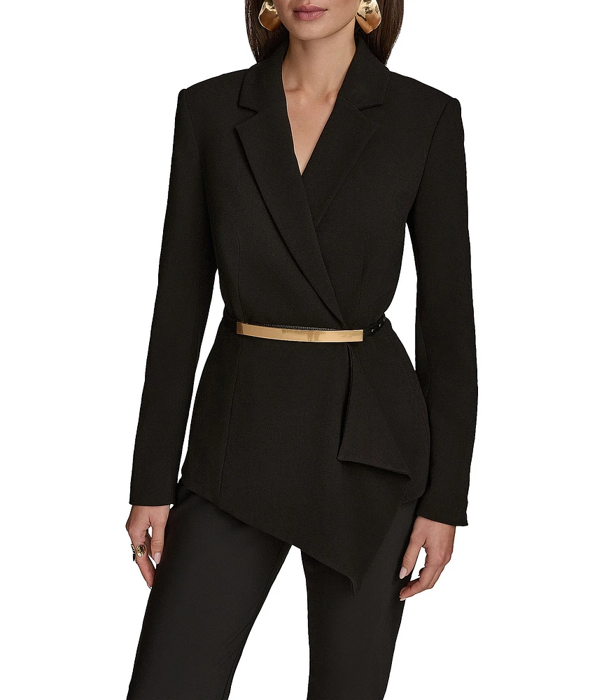 Donna Karan Crepe Notch Lapel Belted Gold Hardware Ruffle Hem Jacket