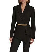 Donna Karan Crepe Notch Lapel Belted Gold Hardware Ruffle Hem Jacket