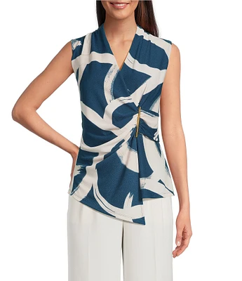 Donna Karan Crepe Sleeveless Hardware Faux Wrap Top
