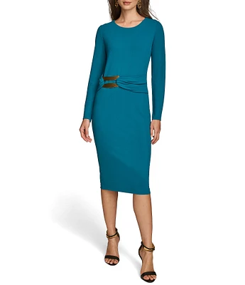 Donna Karan Crew Neck Long Sleeve Hardware Detail Dress