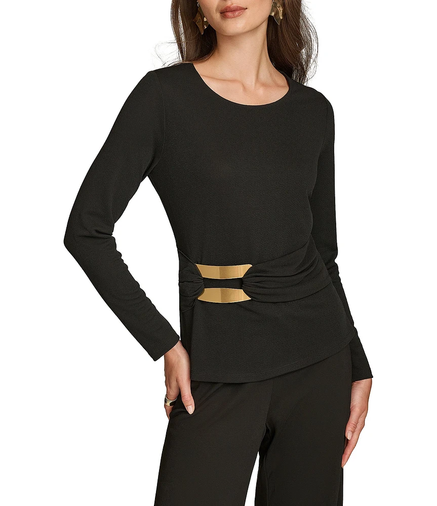 Donna Karan Crew Neck Long Sleeve Hardware Detail Knit Top