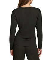 Donna Karan Crew Neck Long Sleeve Hardware Detail Knit Top