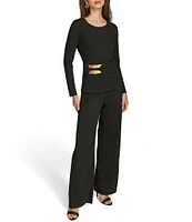 Donna Karan Crew Neck Long Sleeve Hardware Detail Knit Top