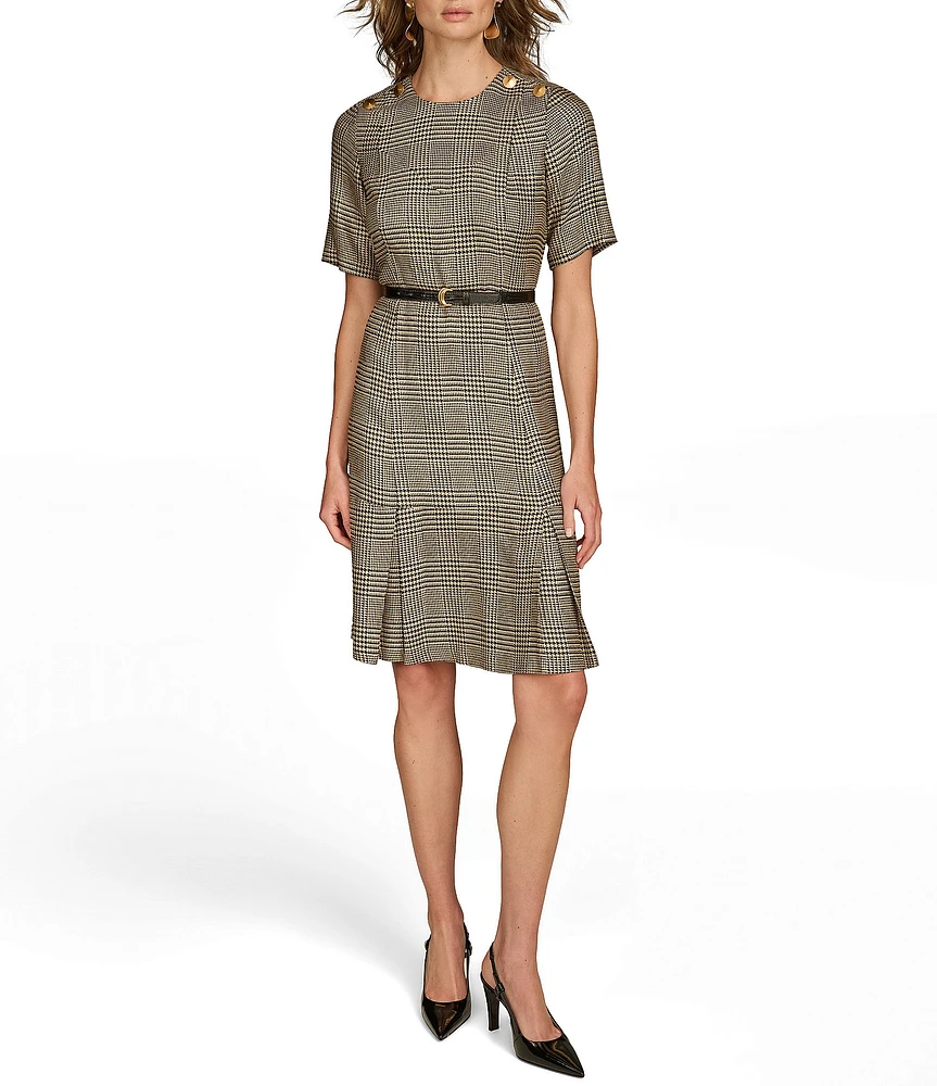 Donna Karan Crew Neck Short Sleeve Shoulder Button Detail Belted Sheath Dress