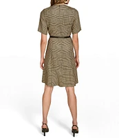 Donna Karan Crew Neck Short Sleeve Shoulder Button Detail Belted Sheath Dress