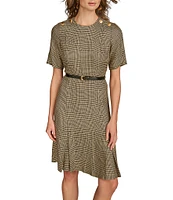 Donna Karan Crew Neck Short Sleeve Shoulder Button Detail Belted Sheath Dress