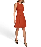 Donna Karan Crew Neck Sleeveless Button Detail A-Line Dress