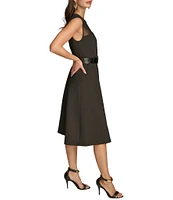 Donna Karan Crew Neck Sleeveless Fit And Flare Belted Dress