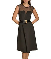 Donna Karan Crew Neck Sleeveless Fit And Flare Belted Dress