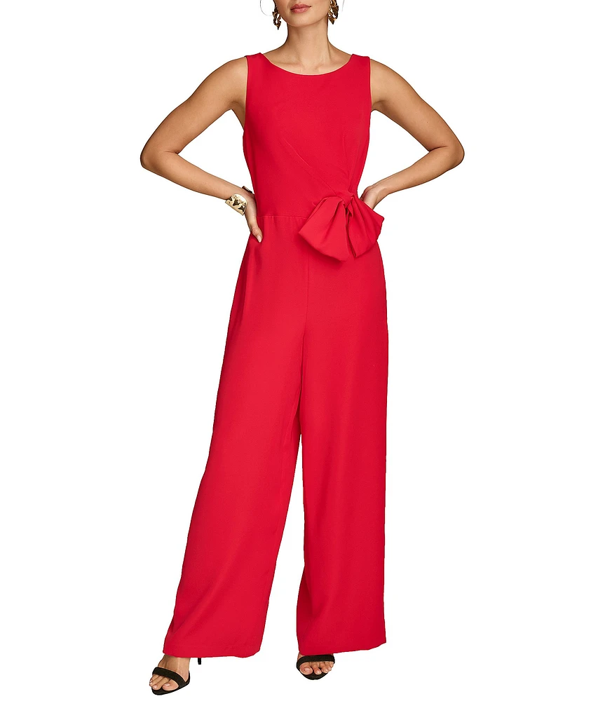 Donna Karan Crew Neck Sleeveless Bow Detail Tie Waist Wide Leg Jumpsuit