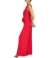 Donna Karan Crew Neck Sleeveless Bow Detail Tie Waist Wide Leg Jumpsuit