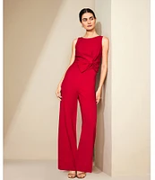 Donna Karan Crew Neck Sleeveless Bow Detail Tie Waist Wide Leg Jumpsuit