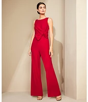 Donna Karan Crew Neck Sleeveless Bow Detail Tie Waist Wide Leg Jumpsuit