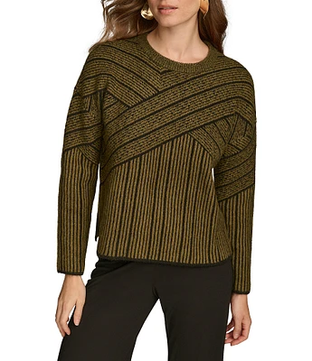 Donna Karan Criss Cross Crew Neck Long Sleeve Knit Top