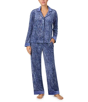 Donna Karan Dark Blue Print Long Sleeve Notch Collar Pant Pajama Set