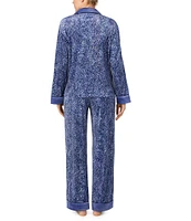 Donna Karan Dark Blue Print Long Sleeve Notch Collar Pant Pajama Set