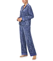 Donna Karan Dark Blue Print Long Sleeve Notch Collar Pant Pajama Set