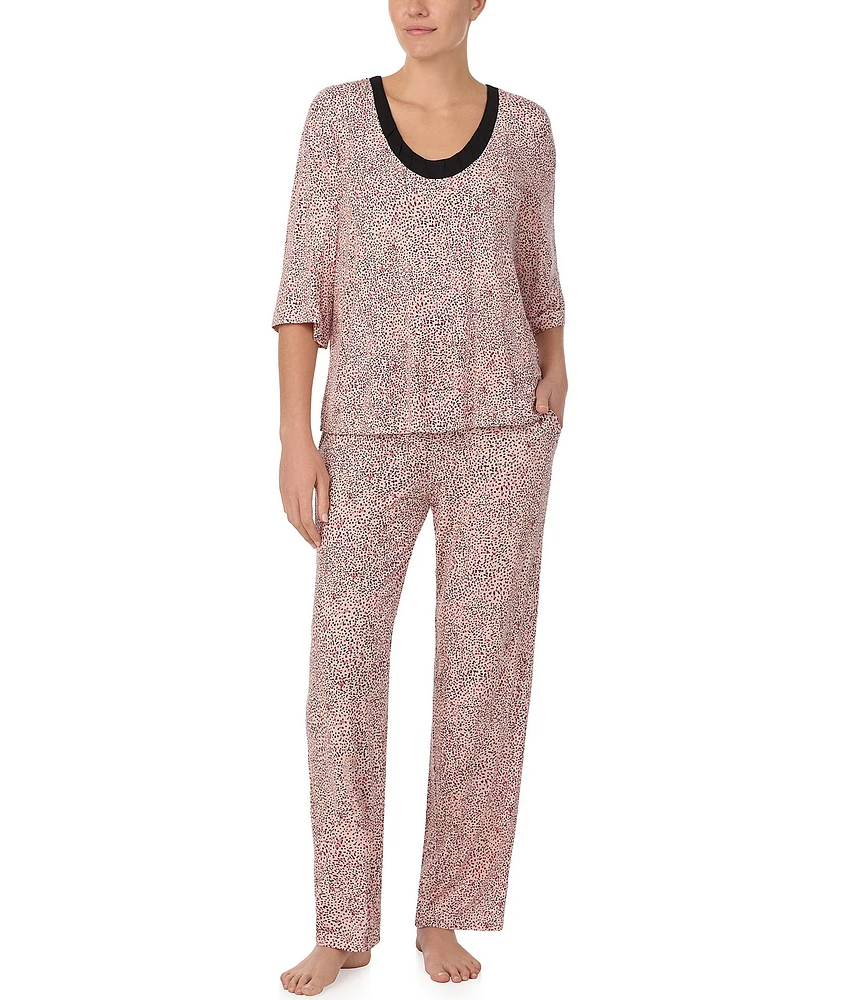 Donna Karan Dotted Jersey Knit 3/4 Sleeve Scoop Neck Pajama Set