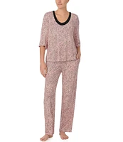 Donna Karan Dotted Jersey Knit 3/4 Sleeve Scoop Neck Pajama Set