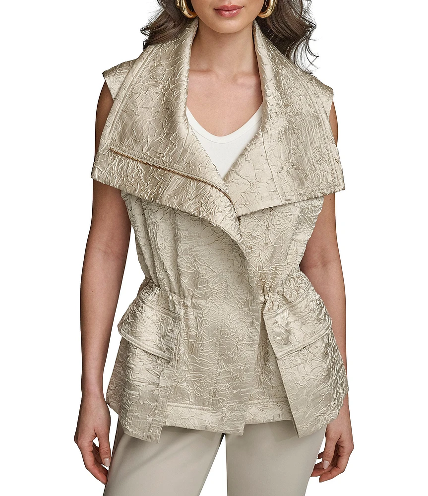 Donna Karan Double Lapel Collar, Sleeveless Metallic Stretch Vest