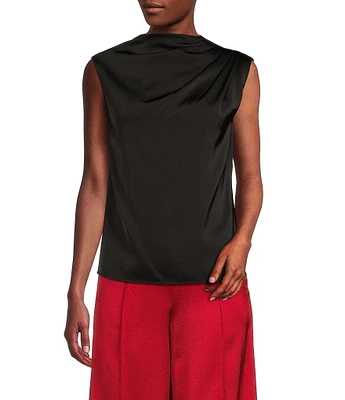 Donna Karan Draped Satin Sleeveless Mock Neck Gathered Shoulder Blouse