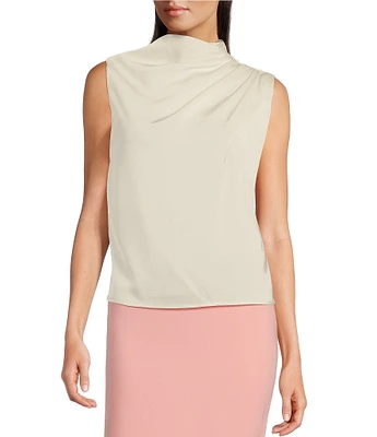 Donna Karan Draped Satin Sleeveless Mock Neck Gathered Shoulder Blouse