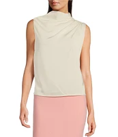 Donna Karan Draped Satin Sleeveless Mock Neck Gathered Shoulder Blouse